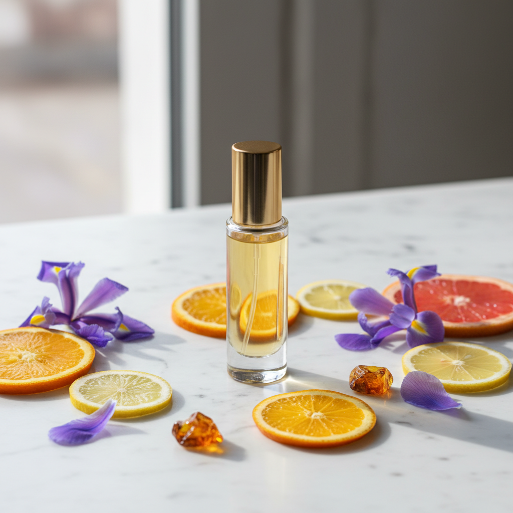Inspired by Imagination 10ml fragrance decant atomizer on marble with citrus and amber